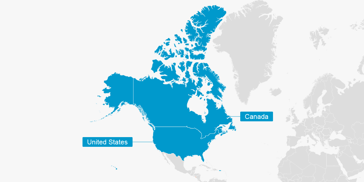 Map showing the U.S. and Canada highlighted in blue