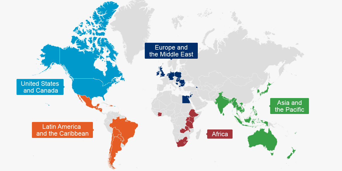 World map highlighting the five regions where we work