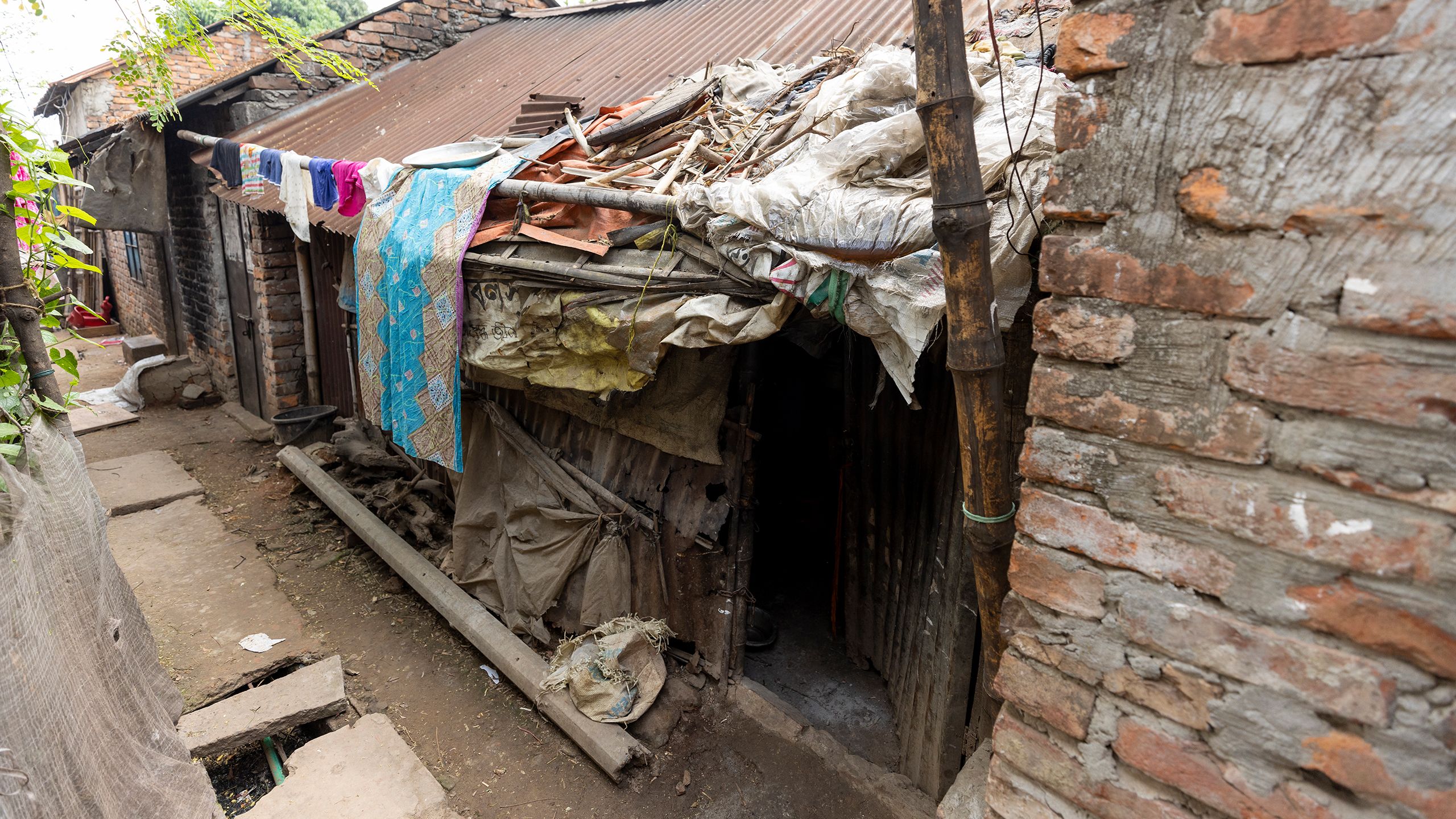 A house made of sheets of corroded, rusting steel and a sagging roof, haphazardly overlaid with plastic sheet and bamboo poles fastened with twine.