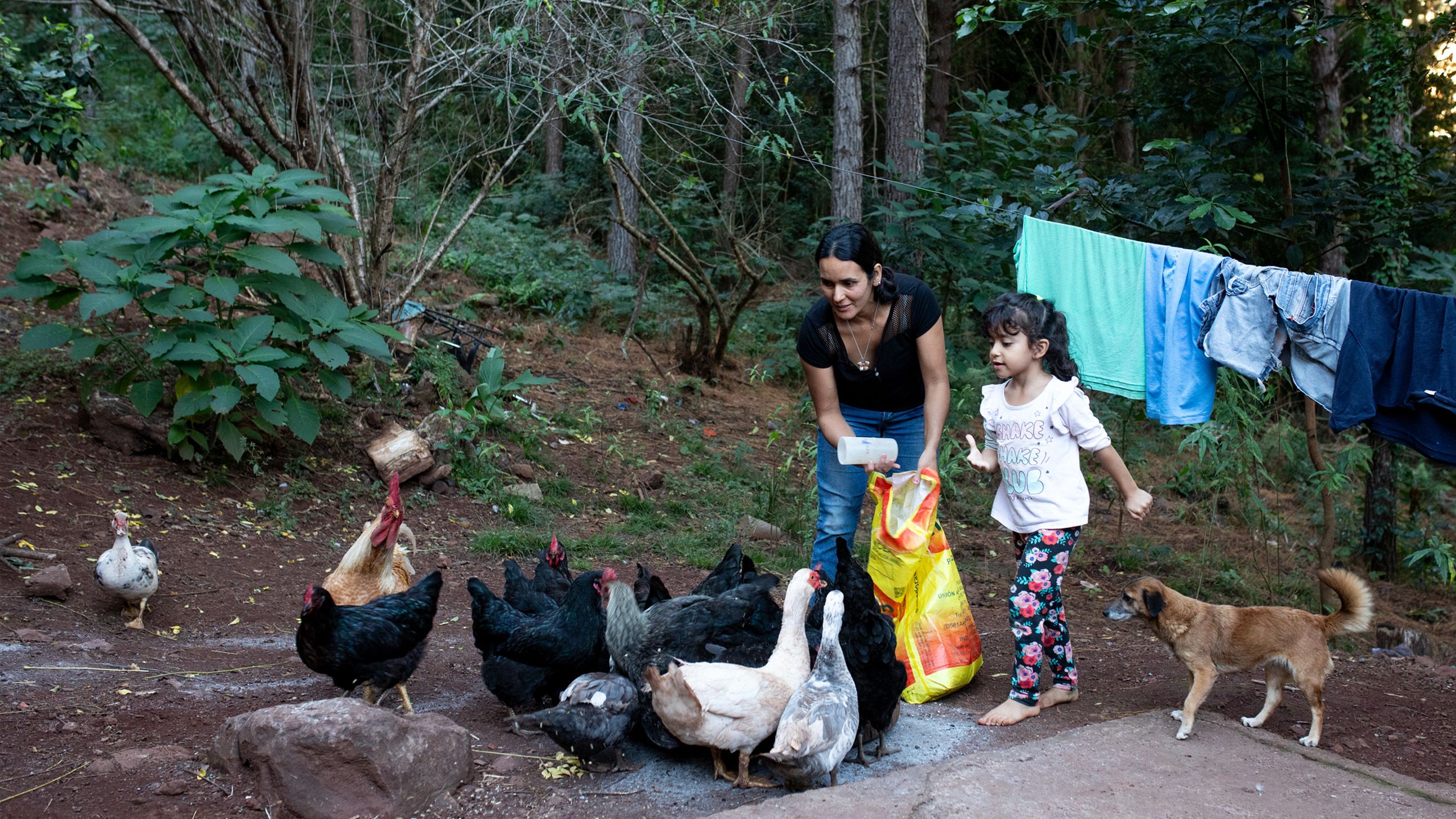 Patricia, standing and holding a cup and bag of feed, with her daughter surrounded by chickens.
