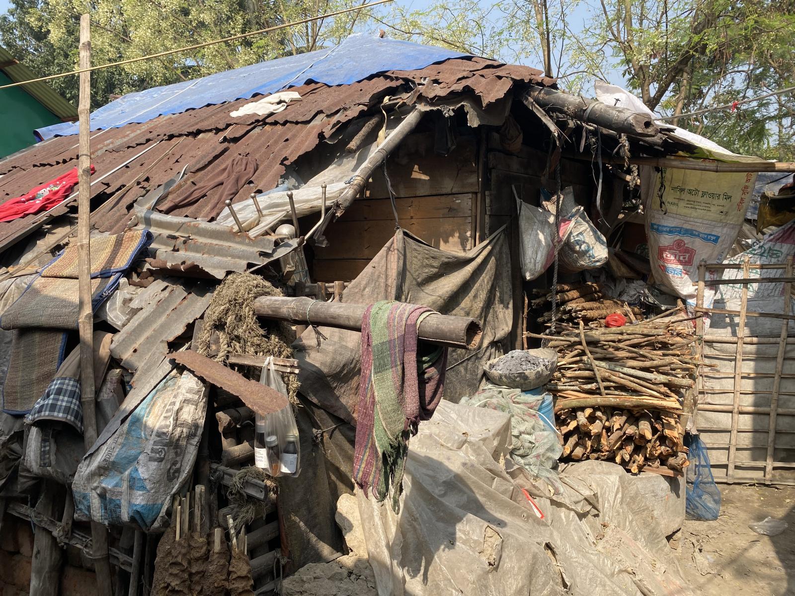 Building made from found materials in an informal settlement in Satkhira, Bangladesh. 