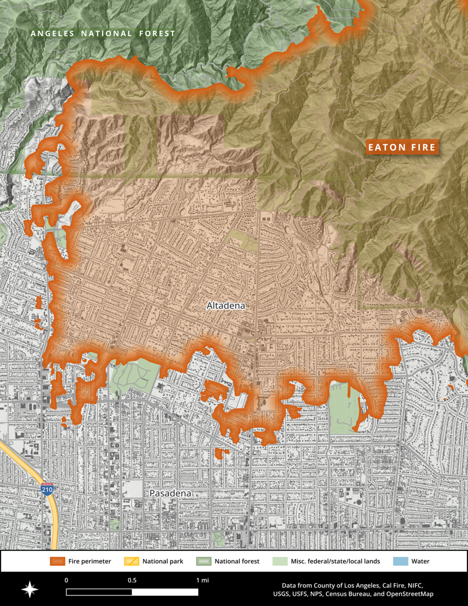 A closeup map of the extent of the January 2025 Eaton Fire in Altadena, where the fire destroyed thousands of structures and killed more than a dozen people.