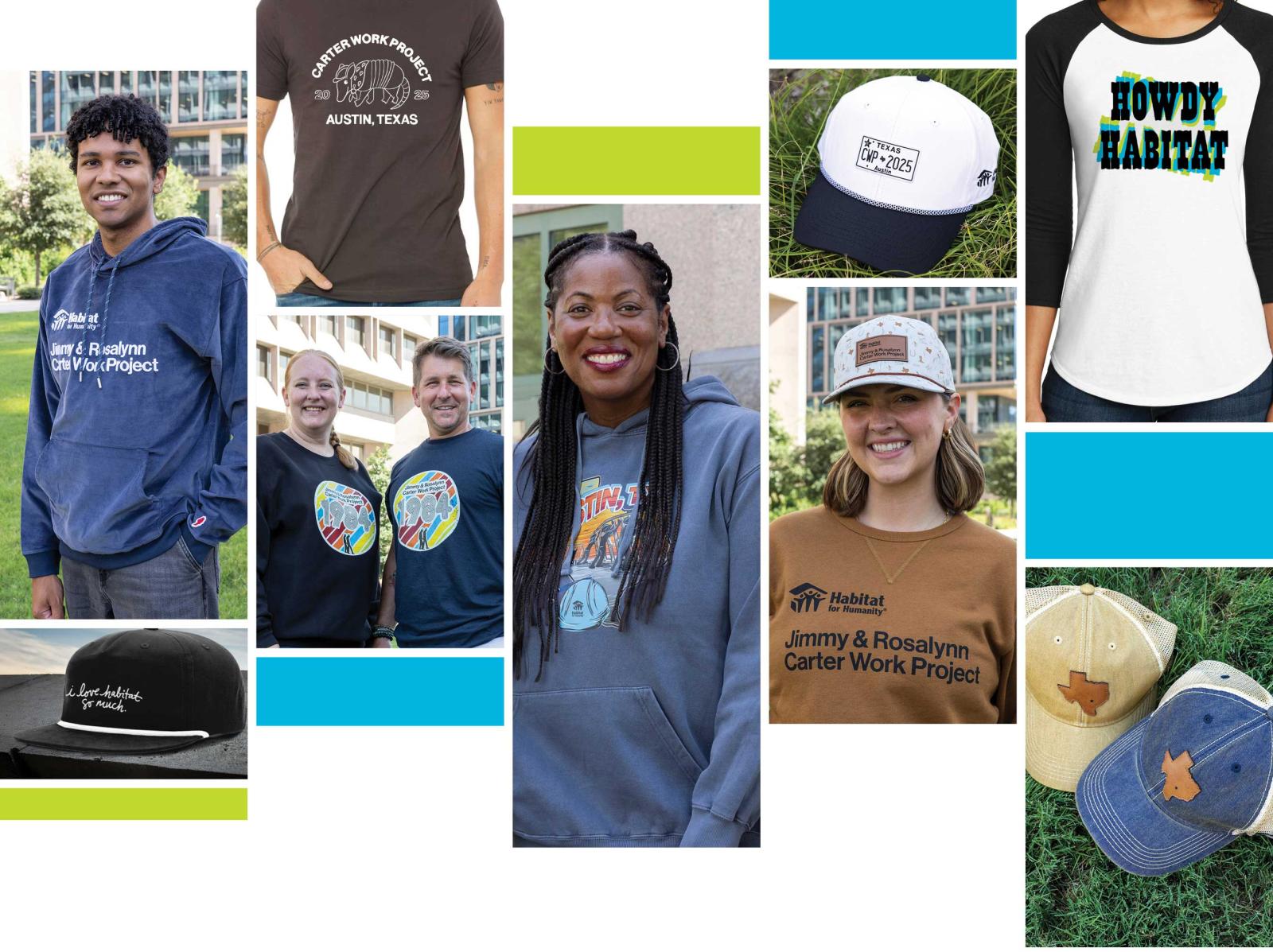 Grid of photos displaying shirts and hats branded with Carter Work Project and Austin, Texas.