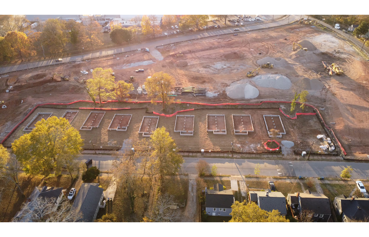 Aerial photo of Langston Park building site with several home foundations already laid out.