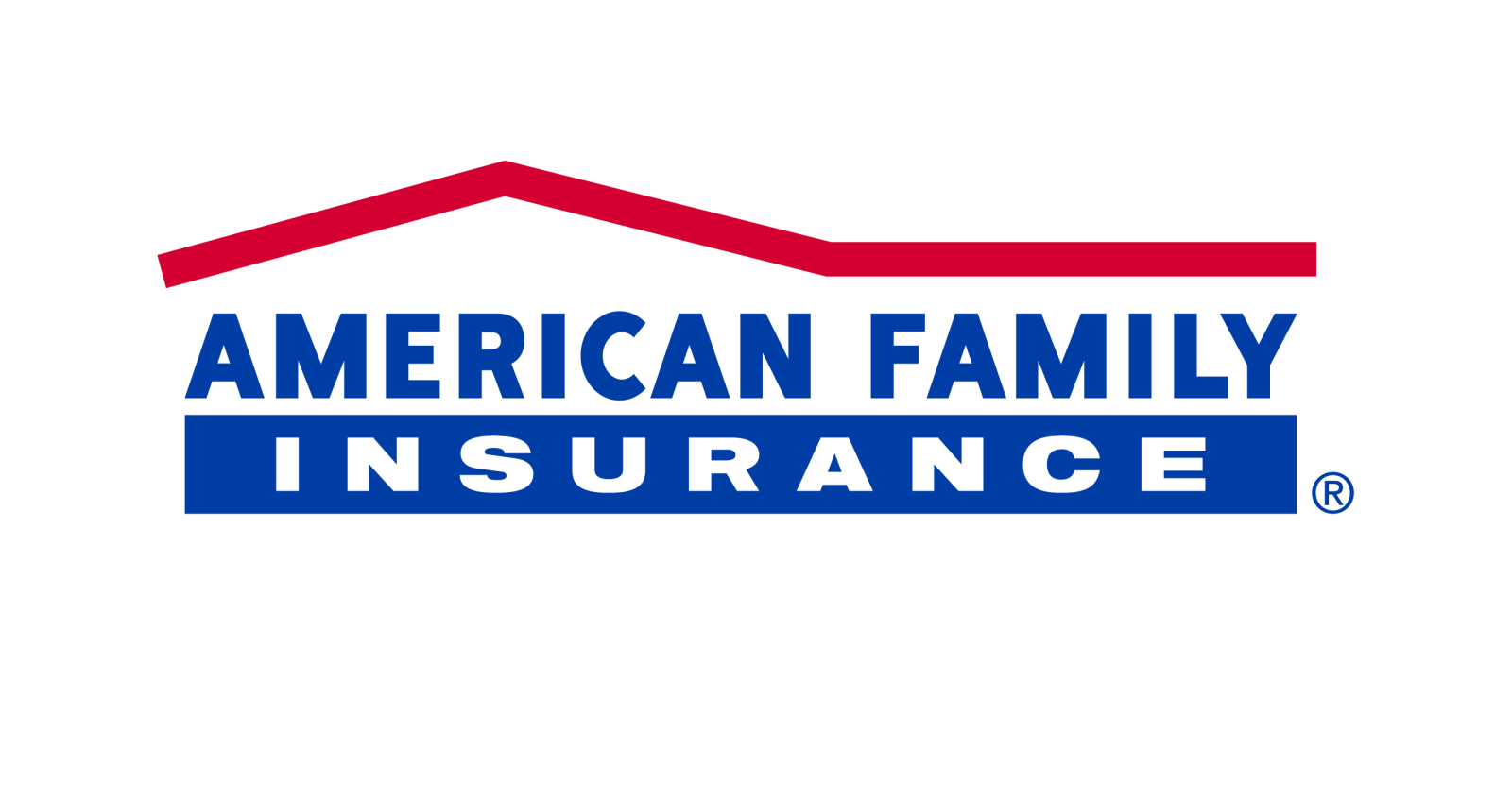 Blue and red logo for American Family Insurance with a red line as a roof over the words.