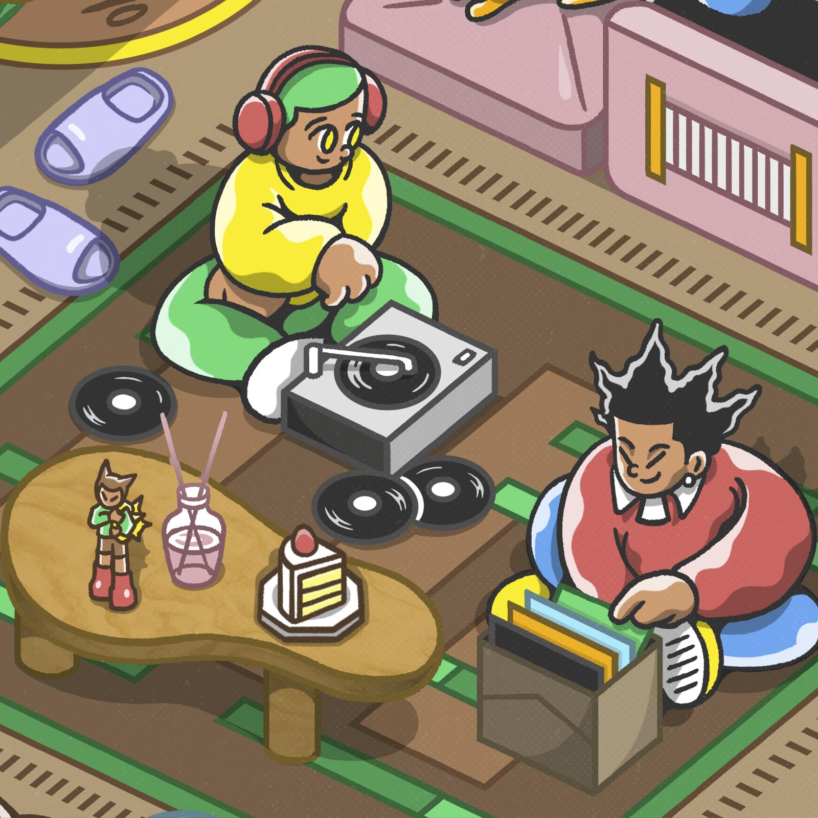 Graphic living room scene. Blue slide sandals, brown and green rug, person sitting criss-cross with green pants and yellow sweater and red headphones using a record players. A coffee table with an action figure, incense vase and piece of cake. To the right there is another person with spikey black hair, a red sweater and blue pants, looking through a box of records.