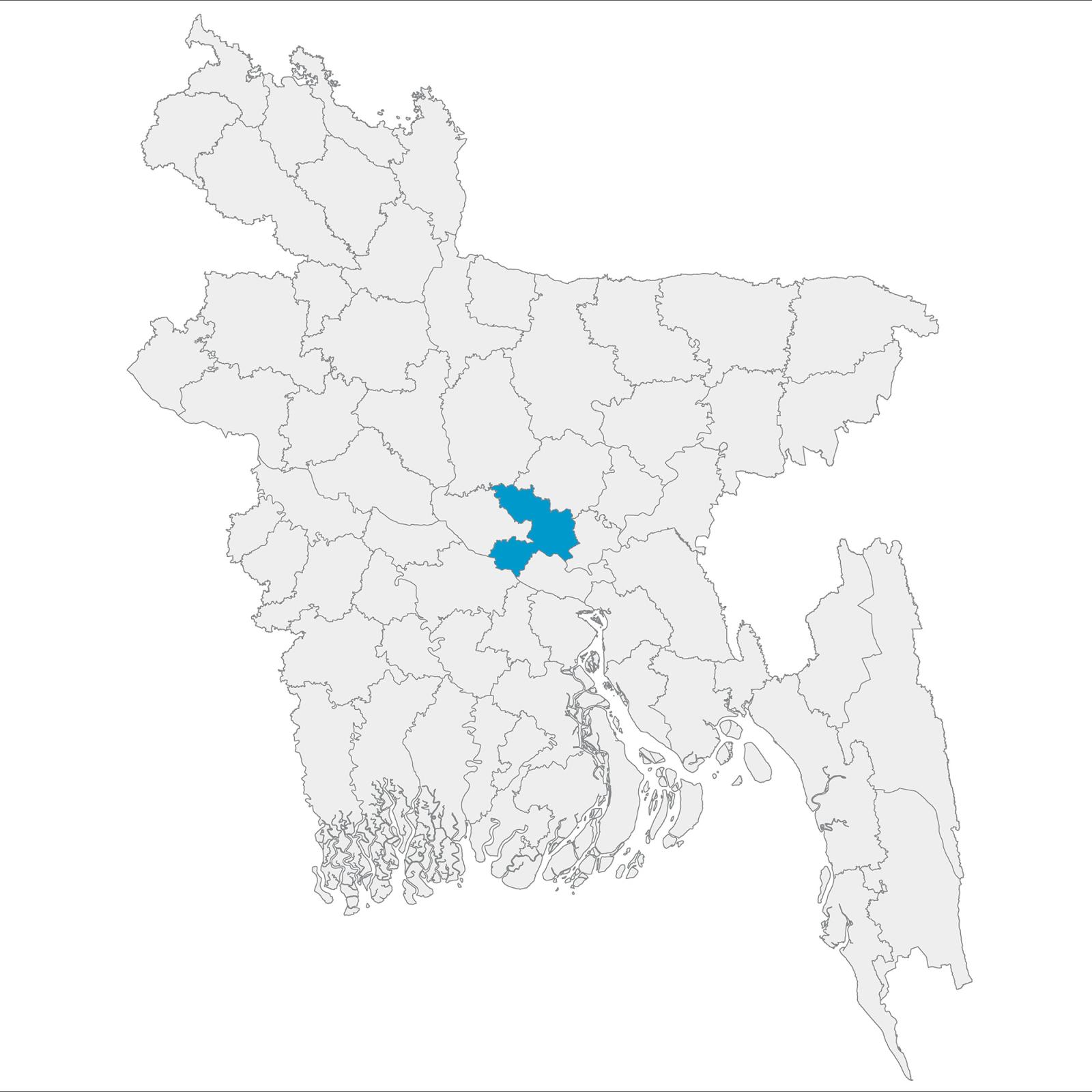 Map of Bangladesh with Dhaka highlighted in blue. 