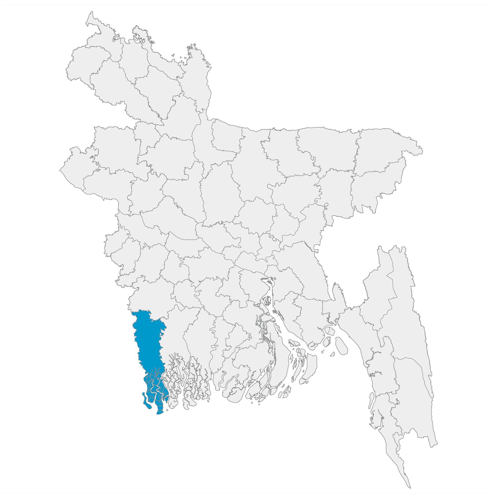 Map of Bangladesh with Satkhira highlighted in blue. 