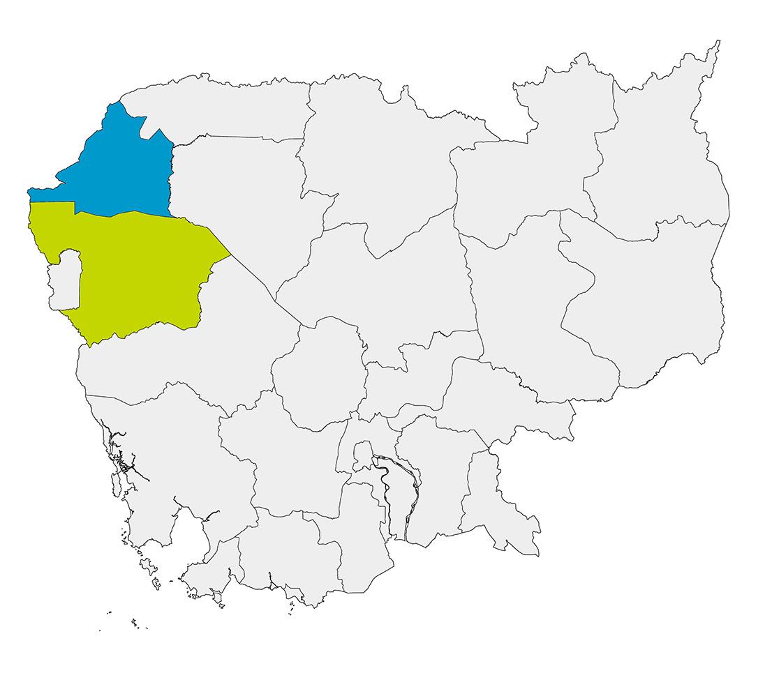 Map of Cambodian provinces with Banteay Mean highlighted in blue and Battambang highlighted in green. 