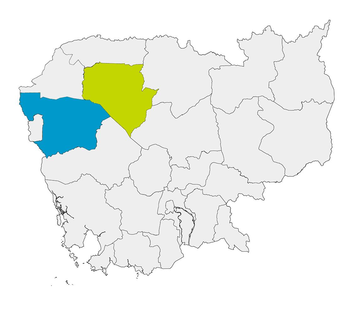 Map of Cambodian provinces with Battambang highlighted in blue and Siem Reap highlighted in green. 