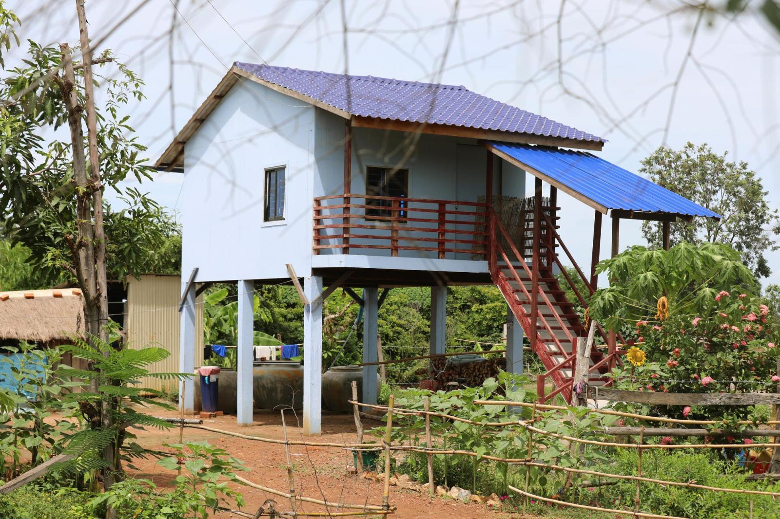 Pale blue elevated home with wooden railing and steps and metal roofing, surrounded by a lush garden.