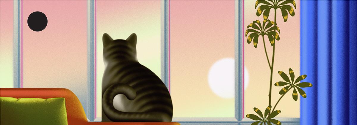 Colorful artist rendering of a cat sitting on an orange couch next to a plant looking out a window at an ocean sunset