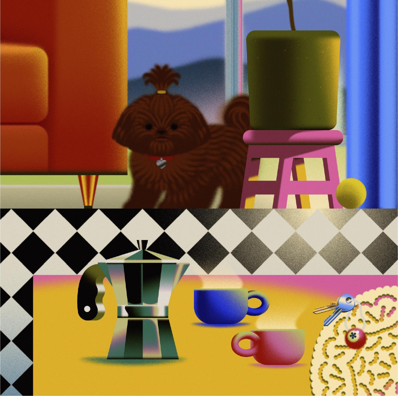 Graphic image of a living room with a corner of an orange couch, a small brown dog, black and white checkered tile, a mocha pot and a blue and pink coffee pot on a yellow table.