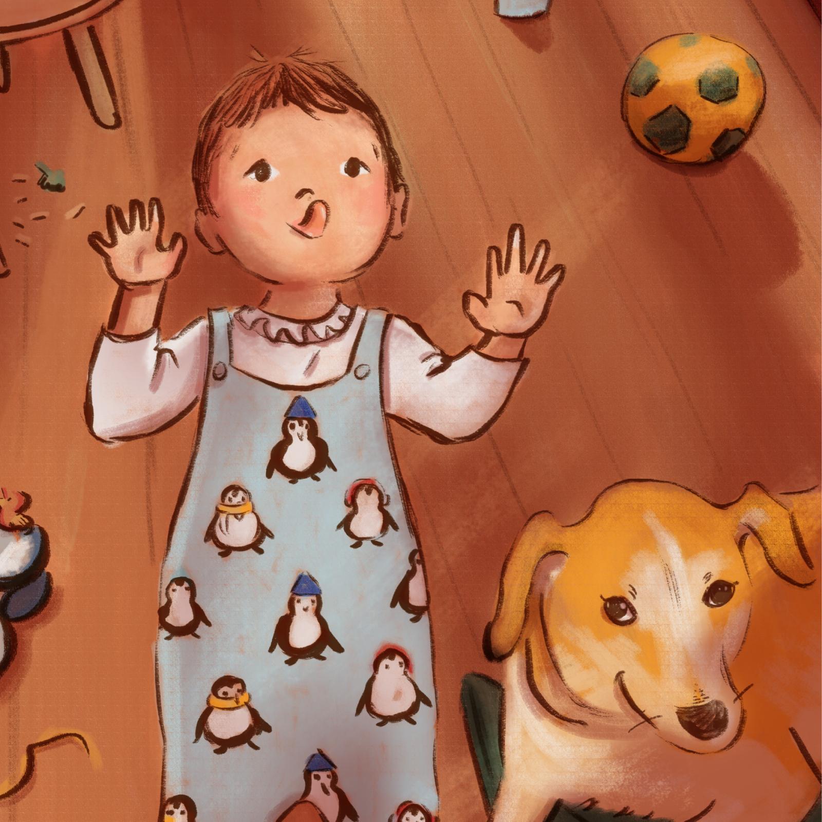 Graphic art living room scene. A toddler in overalls with penguins on them next to a tan and white dog with toys in the background.