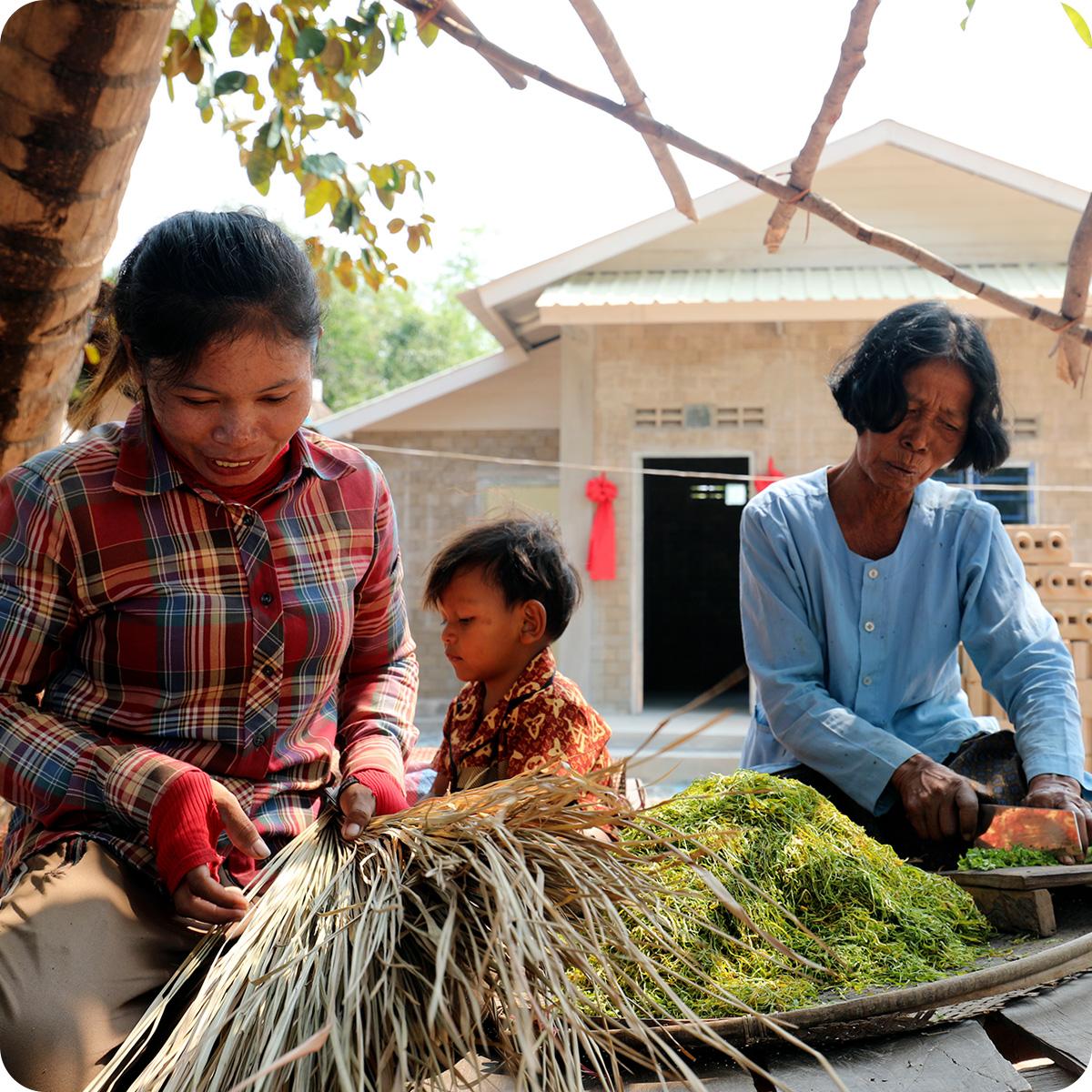 A woman in a red plaid shirt works with dried grass while her mother chops. Between them is a small child.