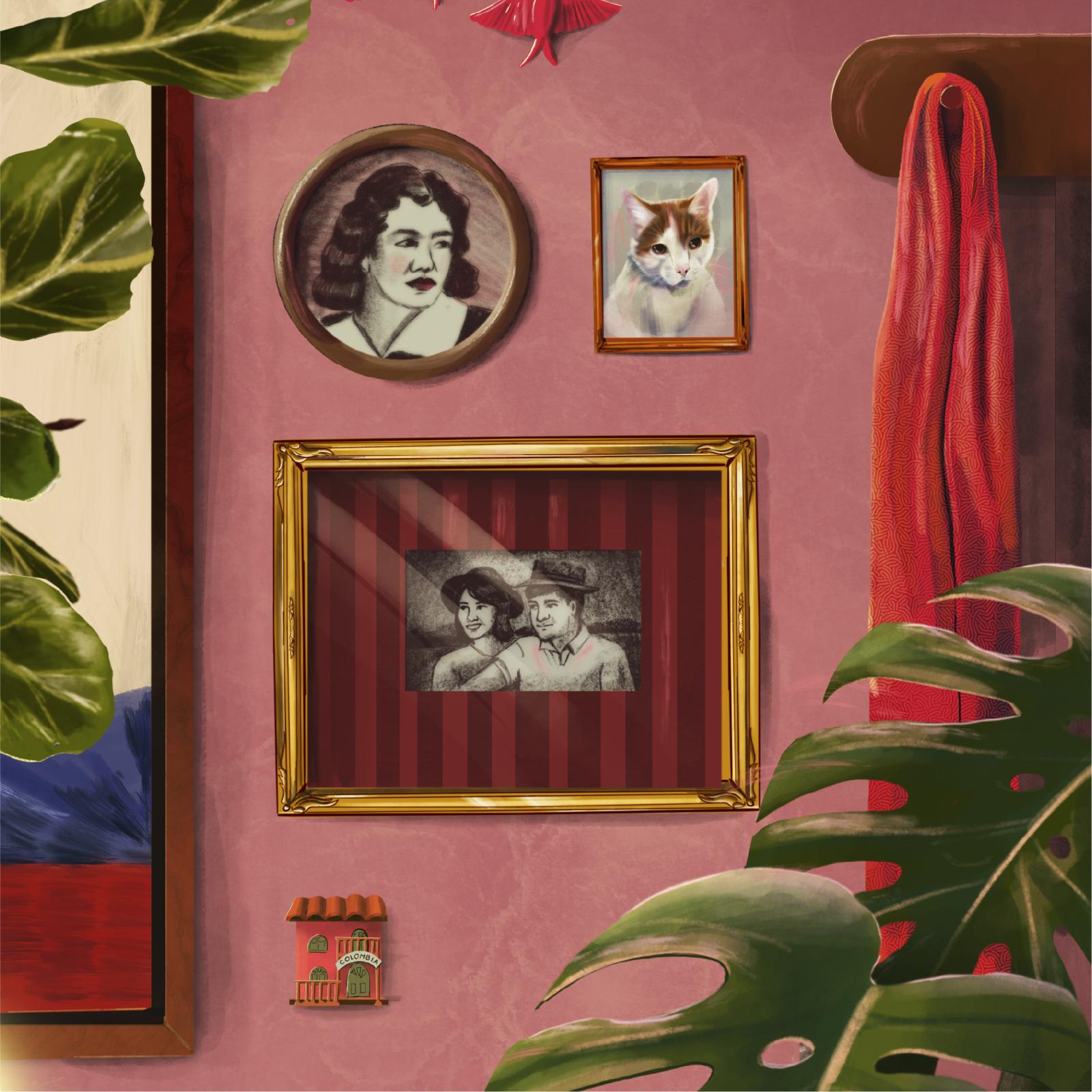 Graphic art of a pink wall with three framed photos and plants. 