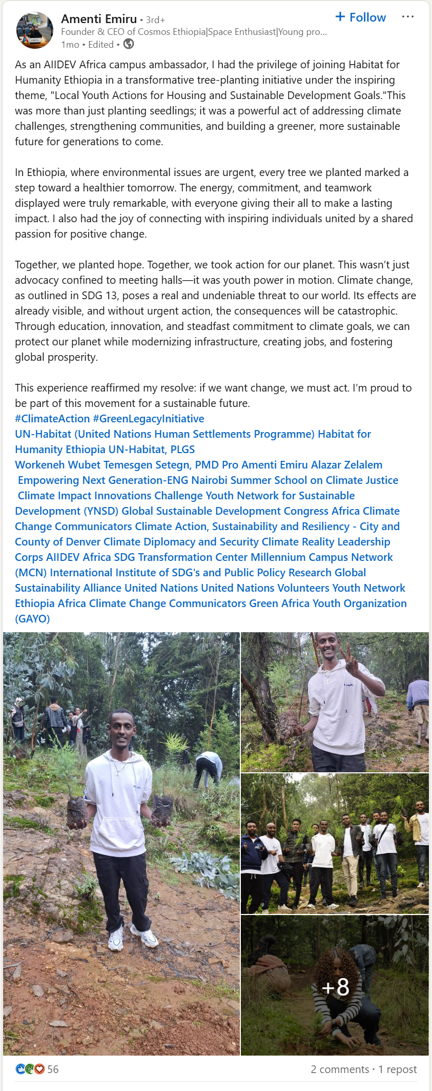 Linkedin social media post from  Amenti Emiru sharing about his volunteer experience with Habitat for Humanity.