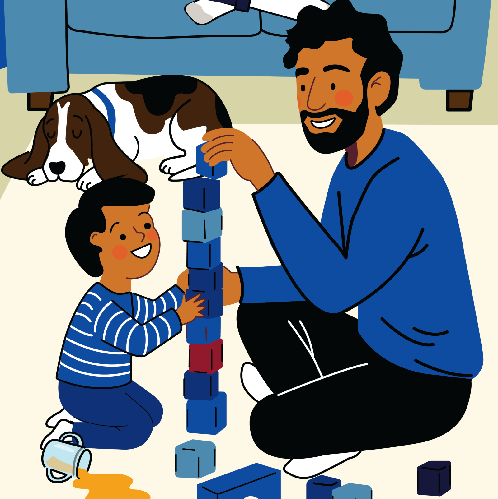 An illustration of a dad playing with blocks on the floor of his home with his young son while a dog in the background looks on.