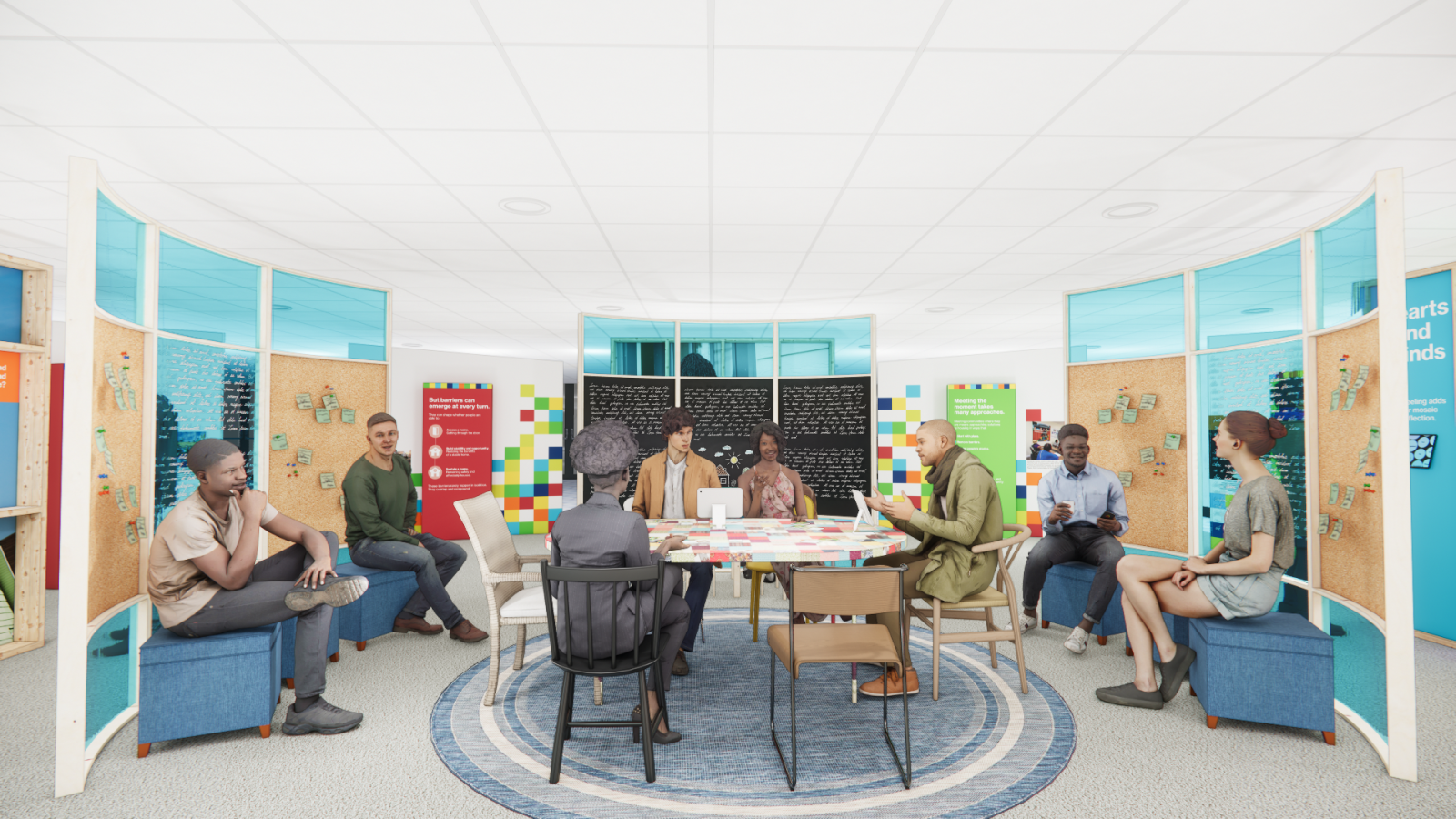 Rendering of exhibit space with people sitting around a table and on benches.