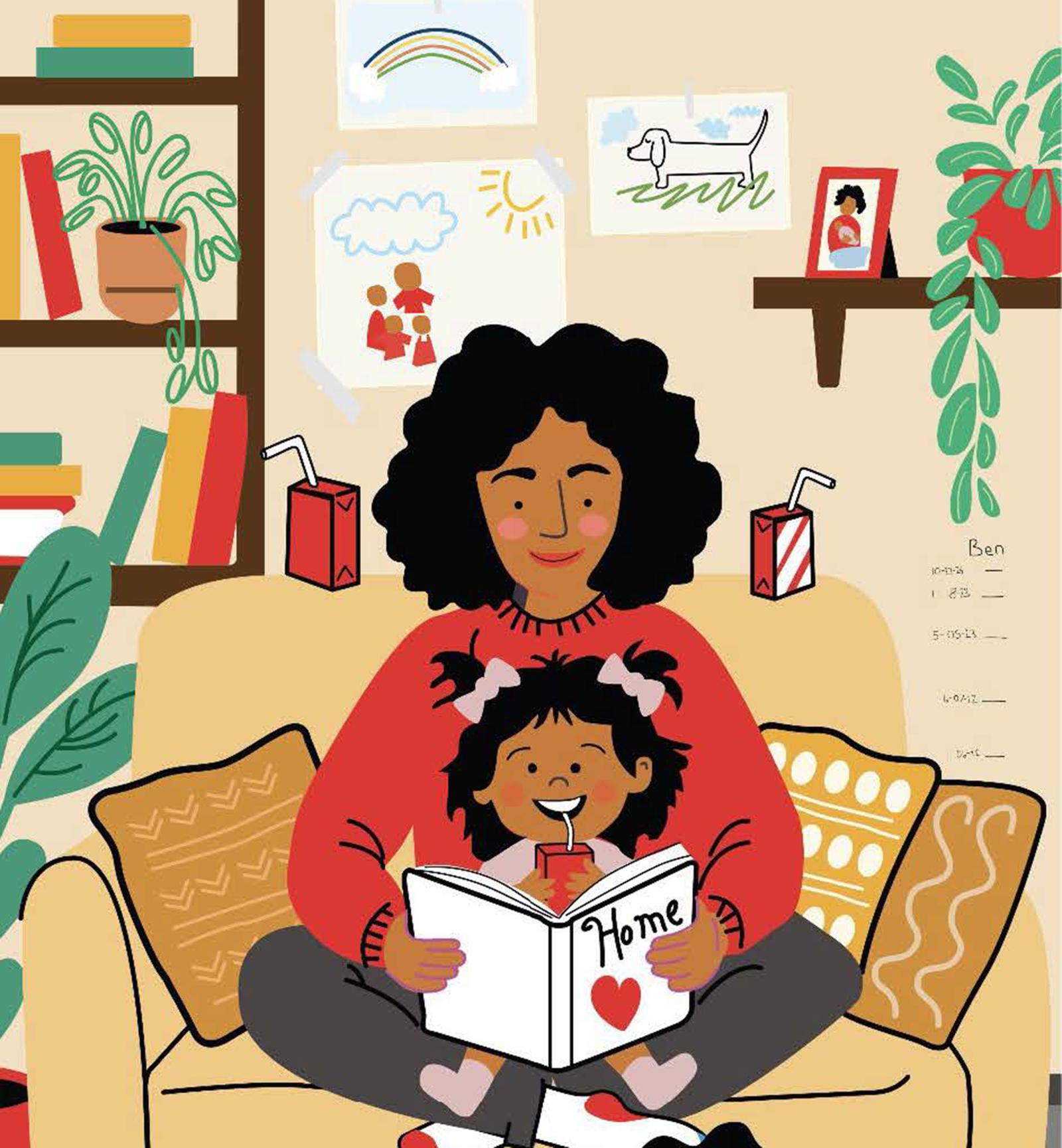 Illustration of mom reading to her toddler on the couch.