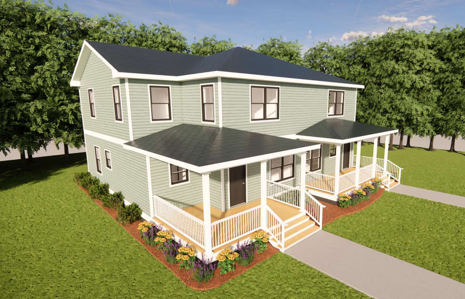 Rendering of a Langston Park townhome-style building with two residences.