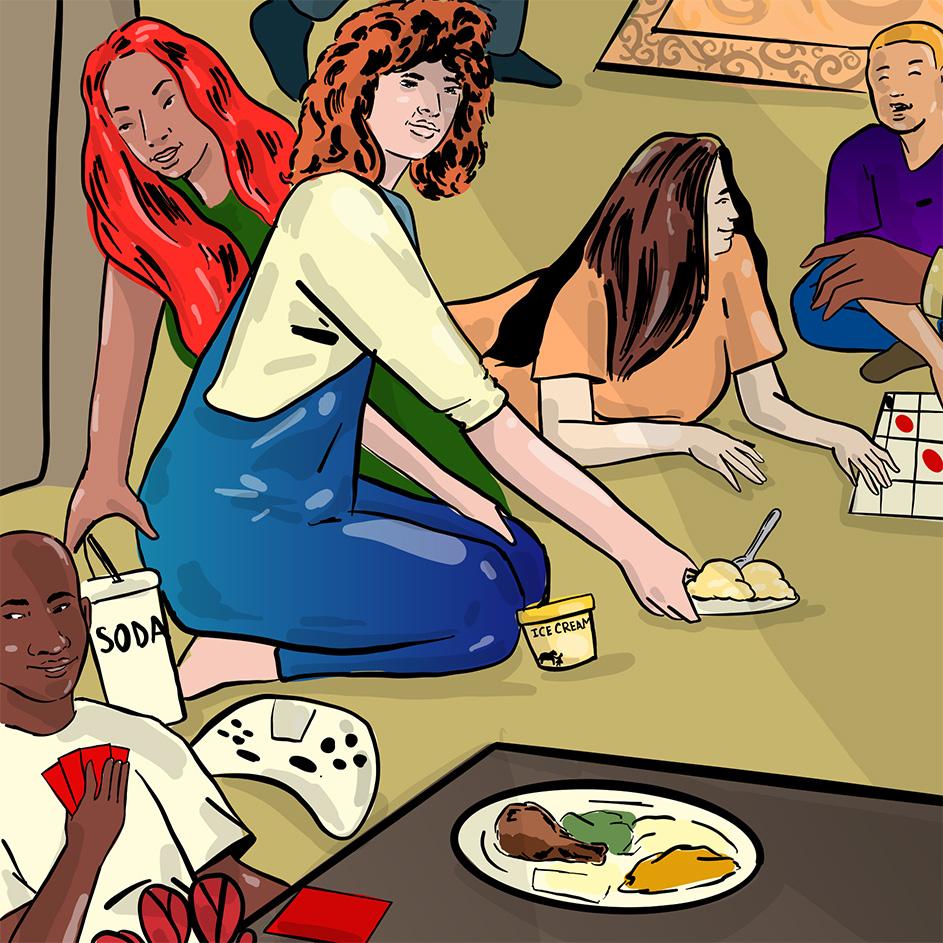 A graphic living room scene. In the lower left corner is a man in a tan shirt holding a hand of red cards at a brown table. There is a plate of food on the table. Sitting on the floor with ice cream is an individual in blue overalls with red hair. There is a person in a green dress with read hair reaching for a cup of soda. To the upper right are two people playing a board game.