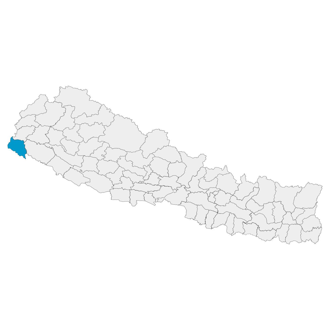 Map of Nepal with district boundaries shown. Kanchanpur is highlighted in bright blue.