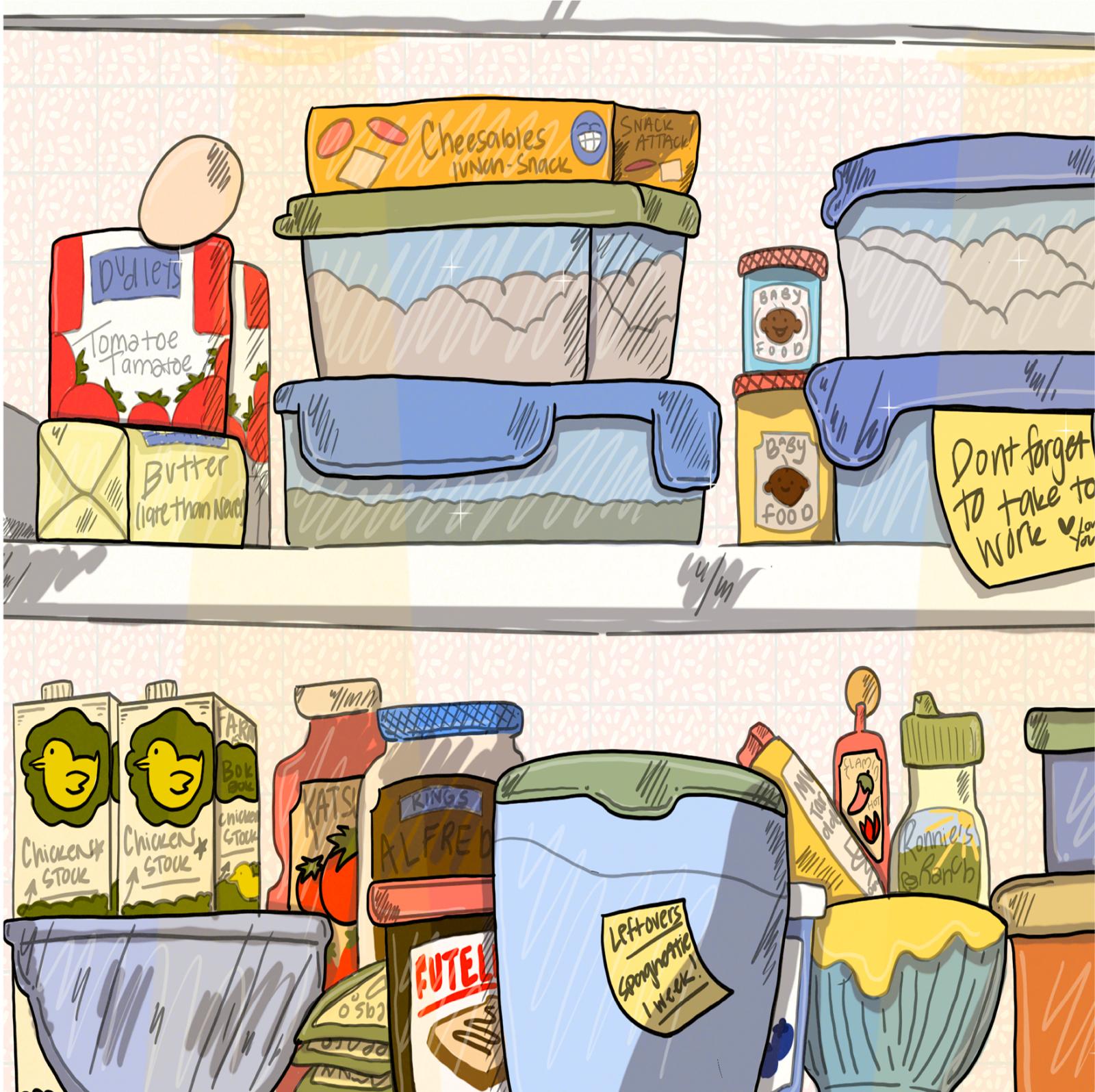 Graphic of a fridge. Two shelves. The top has Tupperware, butter, tomato sauces, eggs, baby food and a sticky note reminder to take food to work. The bottom shelf has chicken stock, ketchup, a bowl with a sticky note that says leftovers and other condiments.