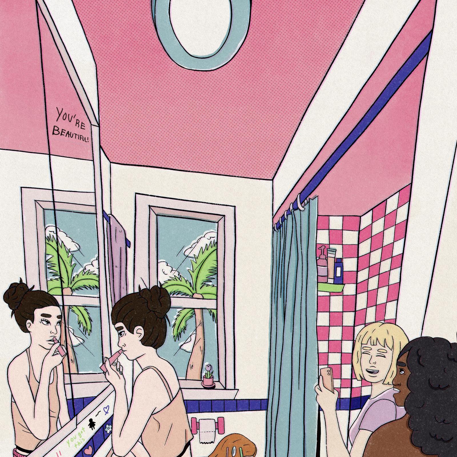 Illustration of a bathroom and three women getting ready.