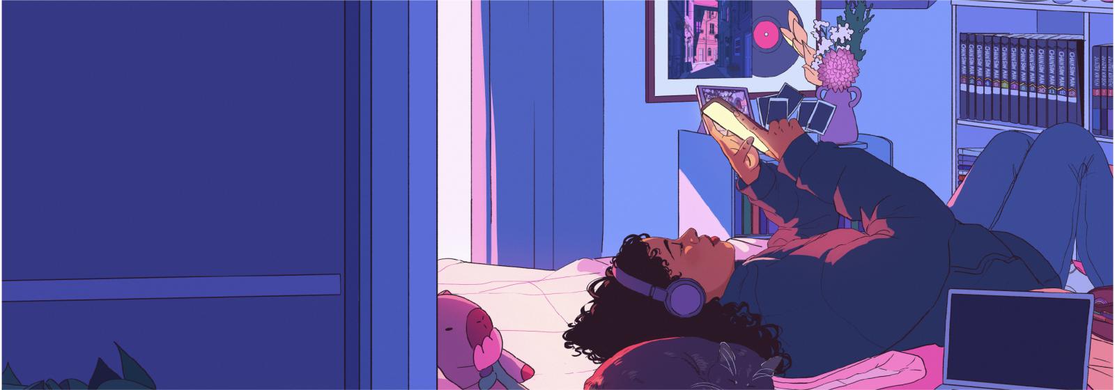 Teaser artwork from the London door pop-up. Illustrated image of someone reading a book on their bed.