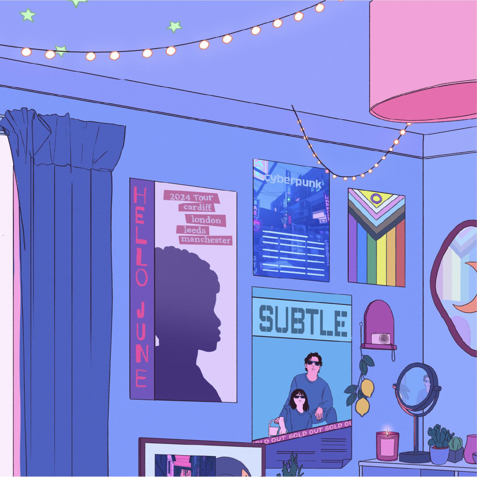 Graphic image of a living room. Blue walls with twinkle lights, posters on the wall, a long blue curtain on the window, and a dresser with a mirror, succulents and a candle. 