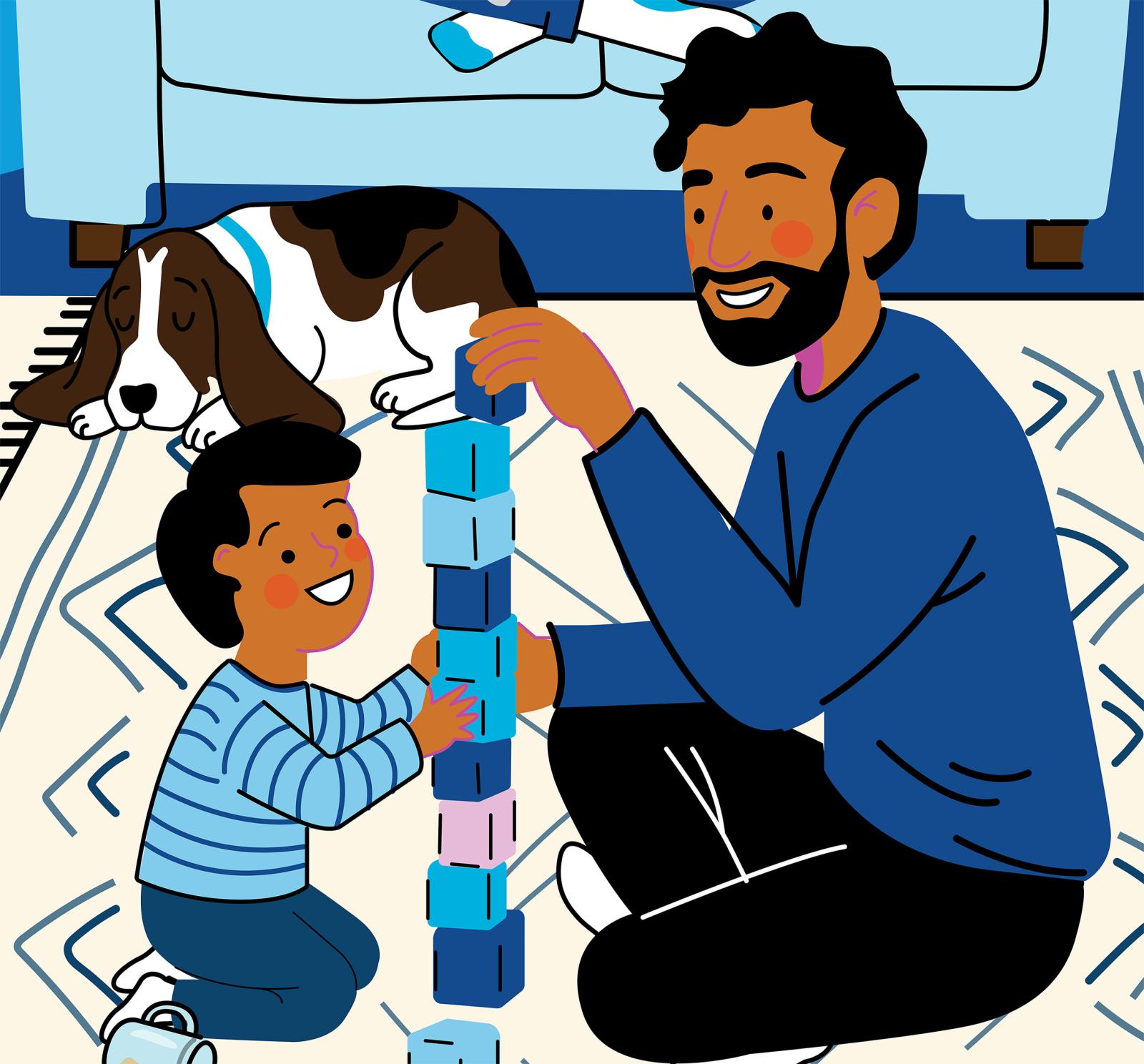 illustration of a dog, child and father building blocks on the floor.