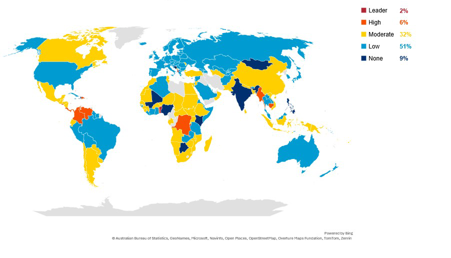 World map of recipients of climate finance to housing, rank and percent of countries in each rank, 2014–23
