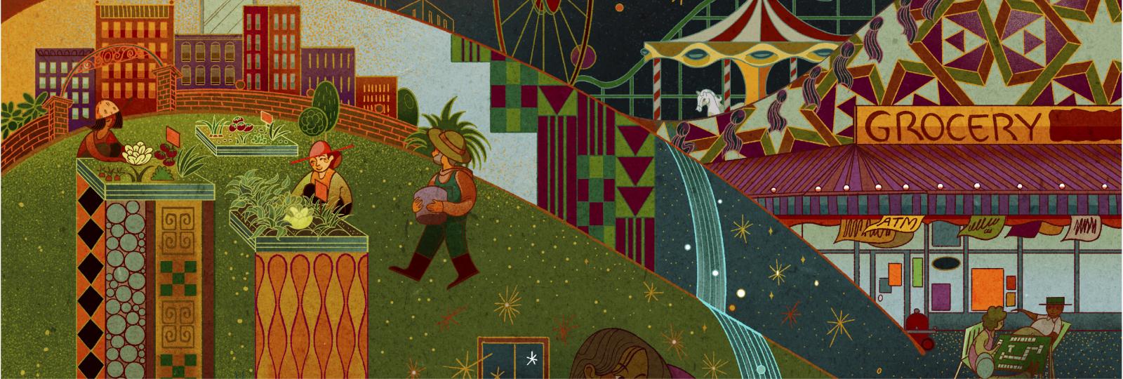 Designed image of two people walking up a hill with a grocery store behind them. This is a piece of an image from a pop-up door.