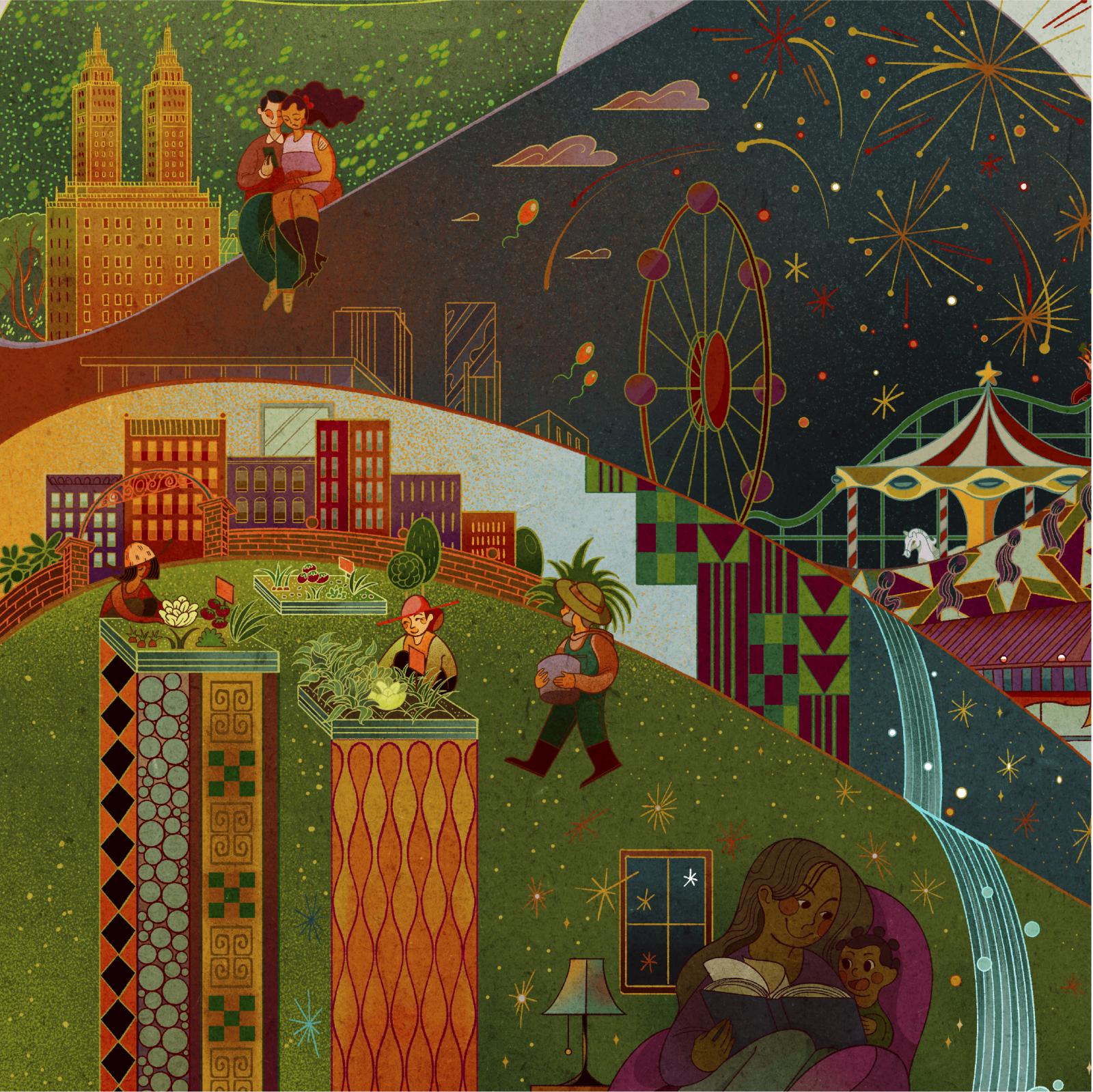 Cityscape, garden, Ferris wheel, carousel, mother reading to child graphic.
