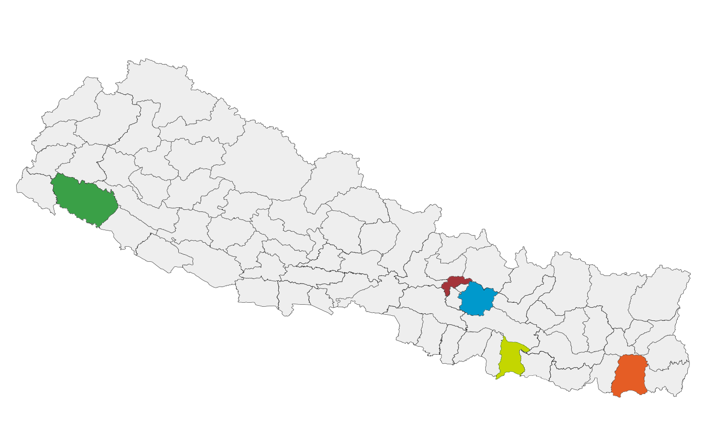 Map of Nepal with districts. Kavre, Shanusha, Morang, Dhangadhi, and Kathmandu are highlighted in various colors. 