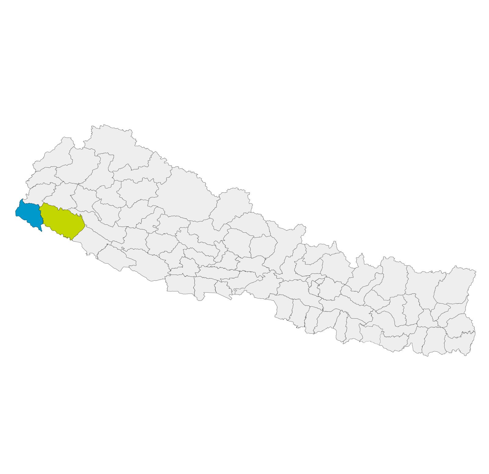 Map of Nepal with district boundaries shown. Kanchanpur and Kailali Districts are highlighted in bright blue and bright yellow-green, respectively. 