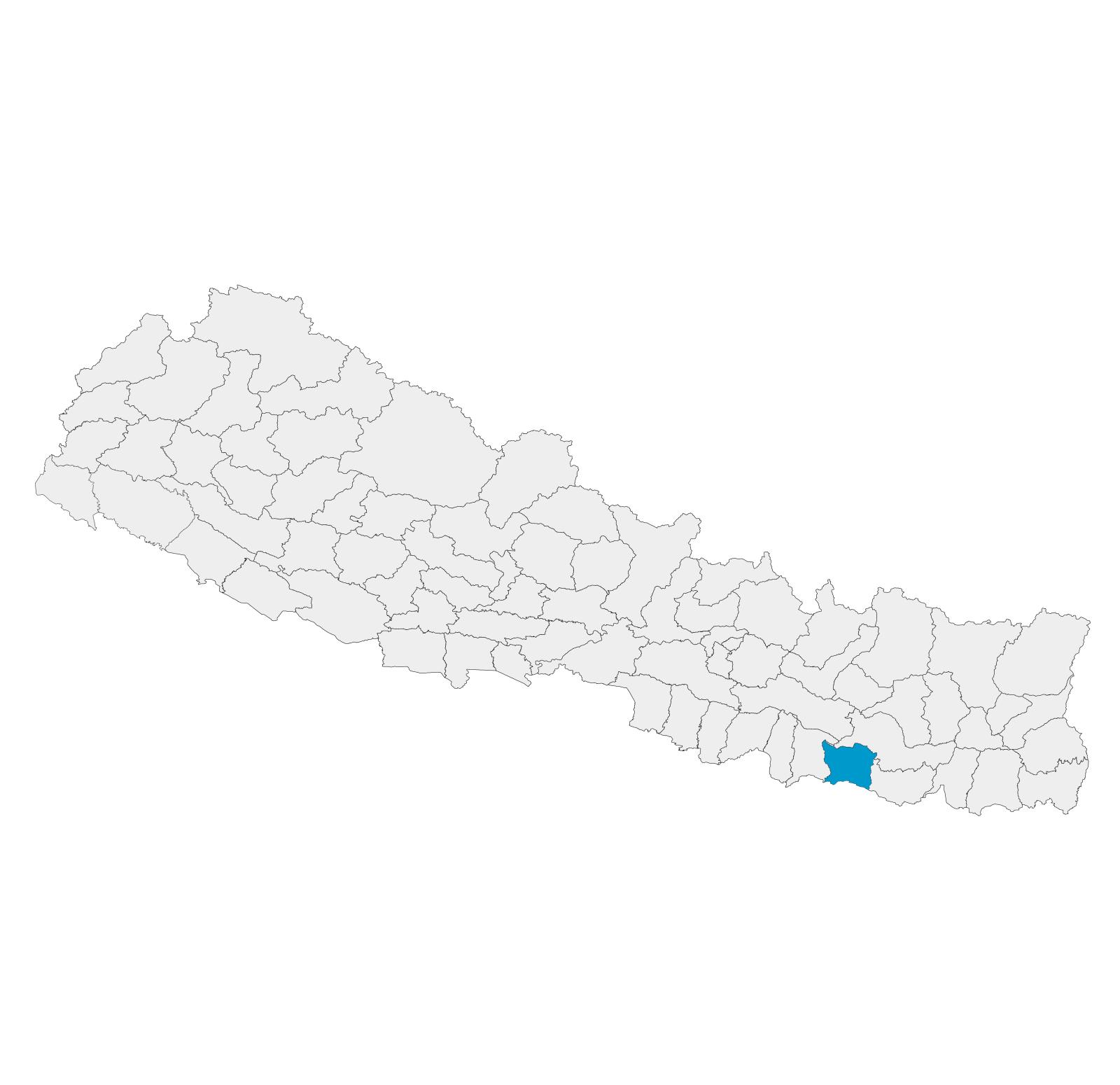 Map of Nepal with district boundaries shown. Siraha is highlighted in bright blue.