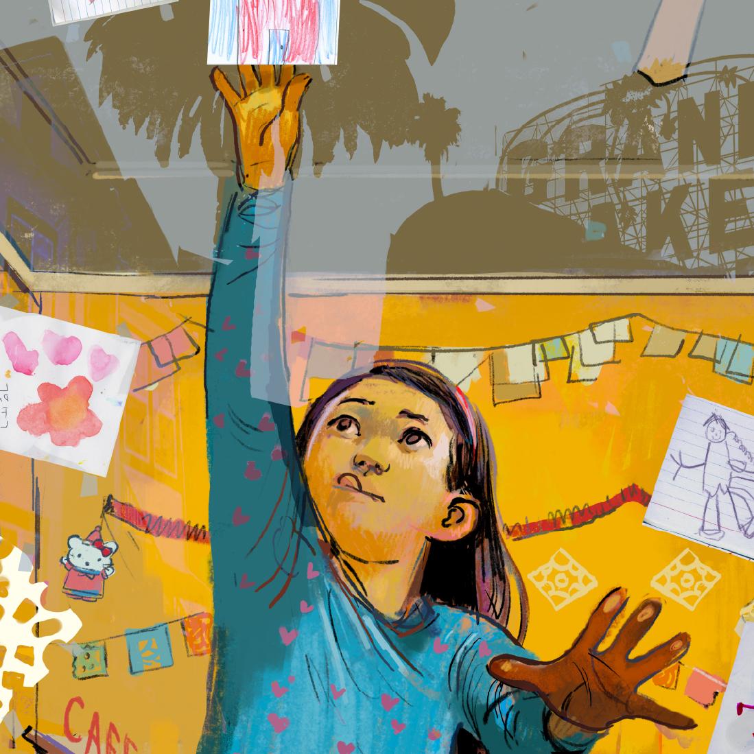 Window looking into a house with a child reaching to hang her hand drawn portrait. 