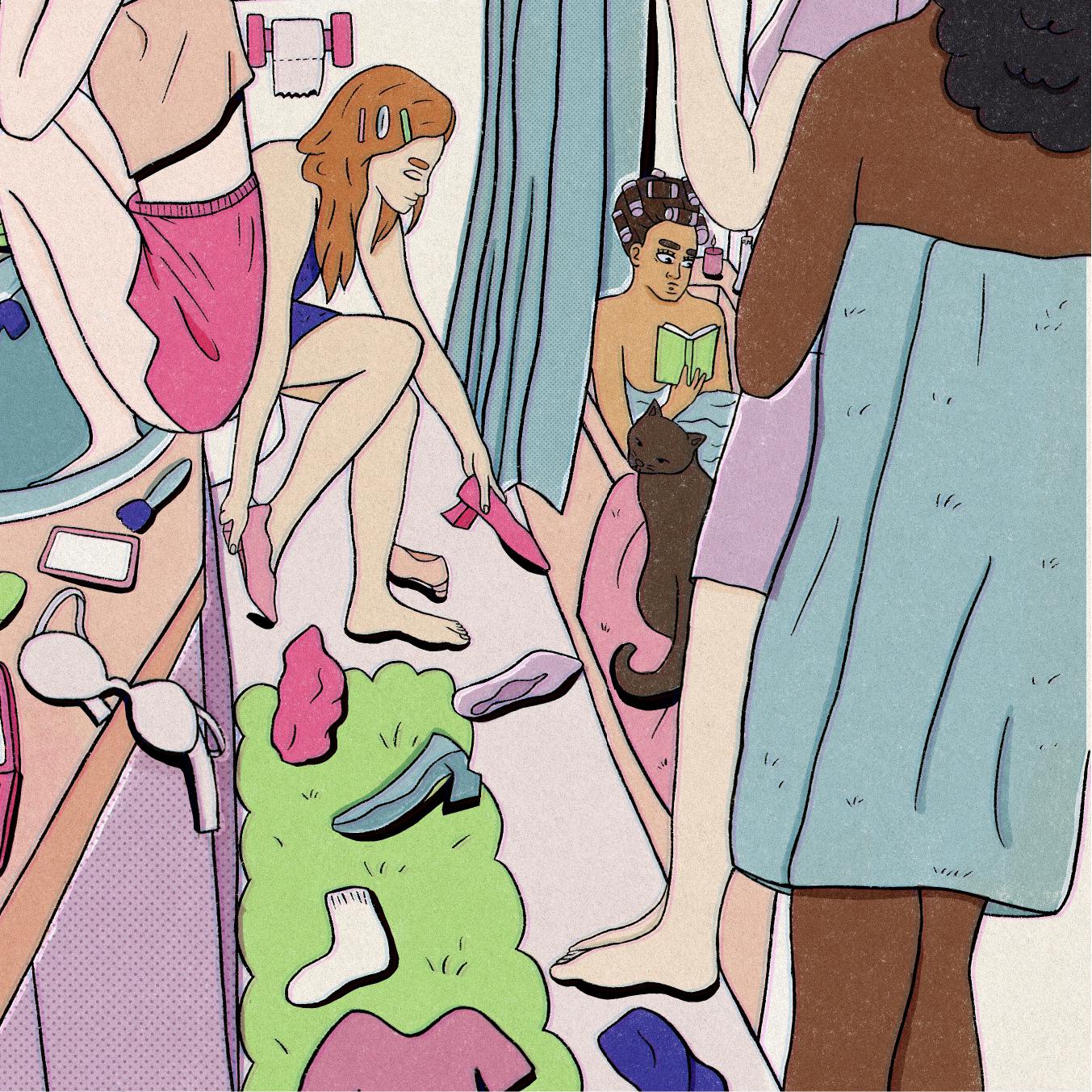 Bathroom scene with one woman in pink shorts sitting on a purple and peach counter, a red headed woman trying on a pink shoe, a woman with a green top and brown hair in the bath tub and a darker skinned woman in a blue towel. This is a graphic.