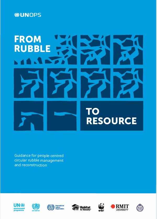 A light blue report cover with navy blue illustrations. The title reads From Rubble to Resource in white font.