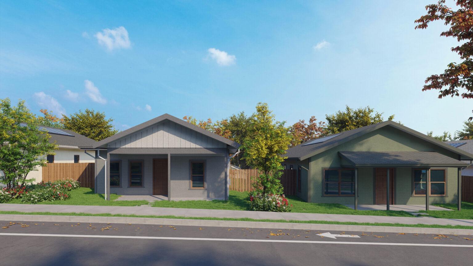 A photo of two houses side by side in the Whisper Valley development showing their front doors.