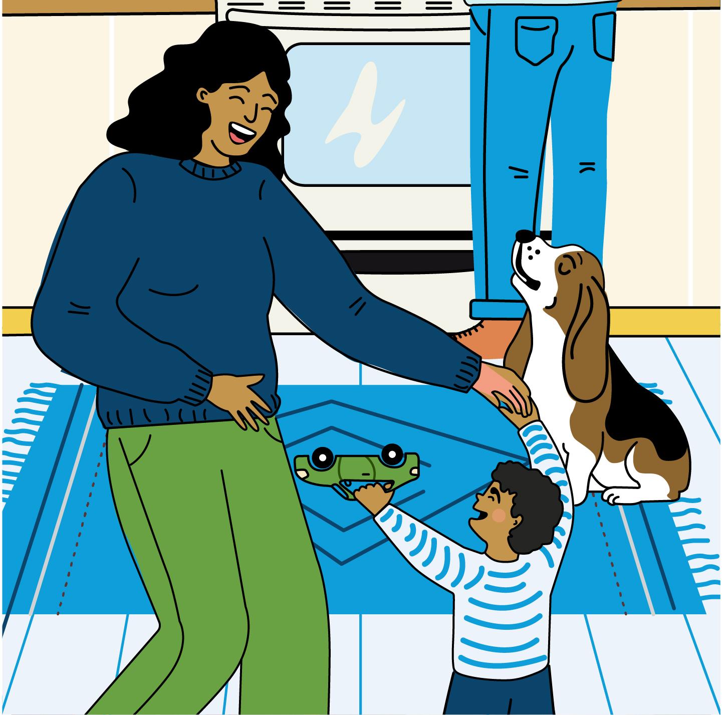 Graphic image teaser of Whirlpool's door. Kitchen scene with mom dancing with toddler and dog. 