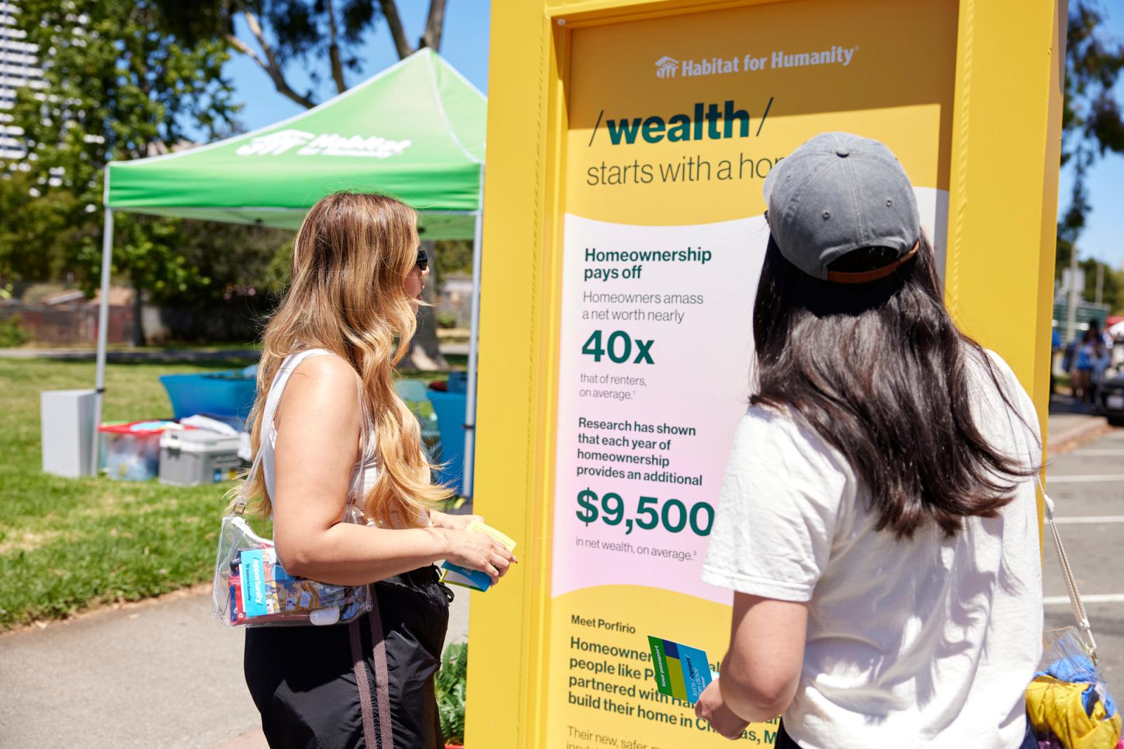 Two women viewing a yellow door that has information about how housing contributes to wealth. 