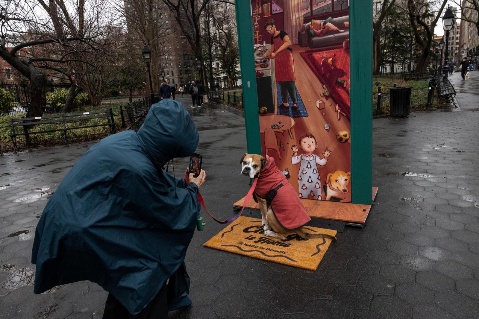 A person in a navy rain jacket kneels to take of photo of a dog in a red raincoat in front of a door depicting an illustration with a teal frame.