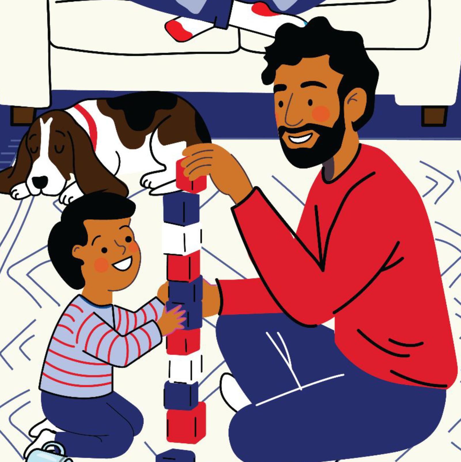 Little boy in blue pants and a red and blue striped shirt building a block tower with his dad in a red shirt and blue pants while a dog sleeps in the background.
