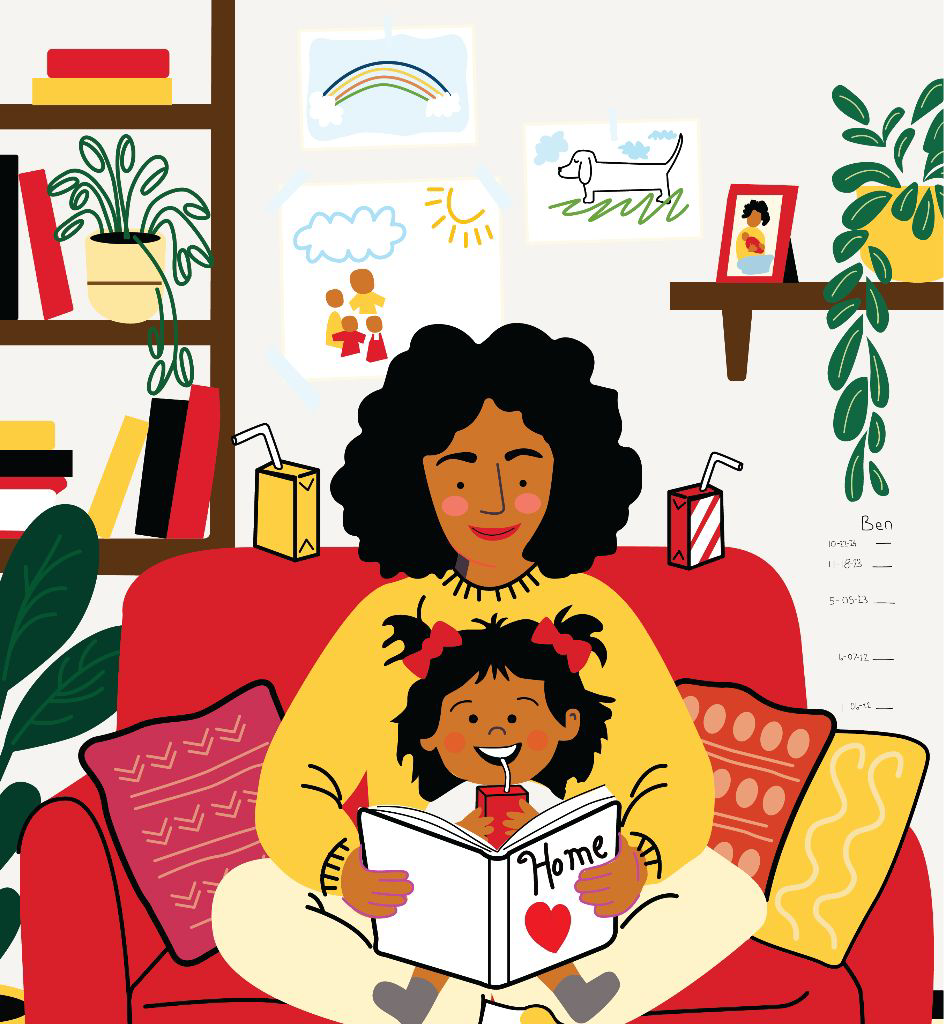 An illustrated image of a woman sitting cross-legged with her child on her lap as they read a book together. The design uses reds and yellows.