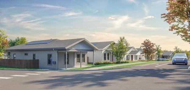 Rendering of the Whisper Valley houses and community. Three row houses at the corner of a street with a blue sky above. 