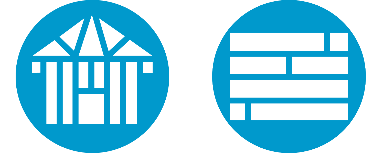 white icons of a house and flooring, each on a blue circle