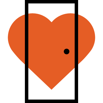 An orange heart icon over the outline of a door.